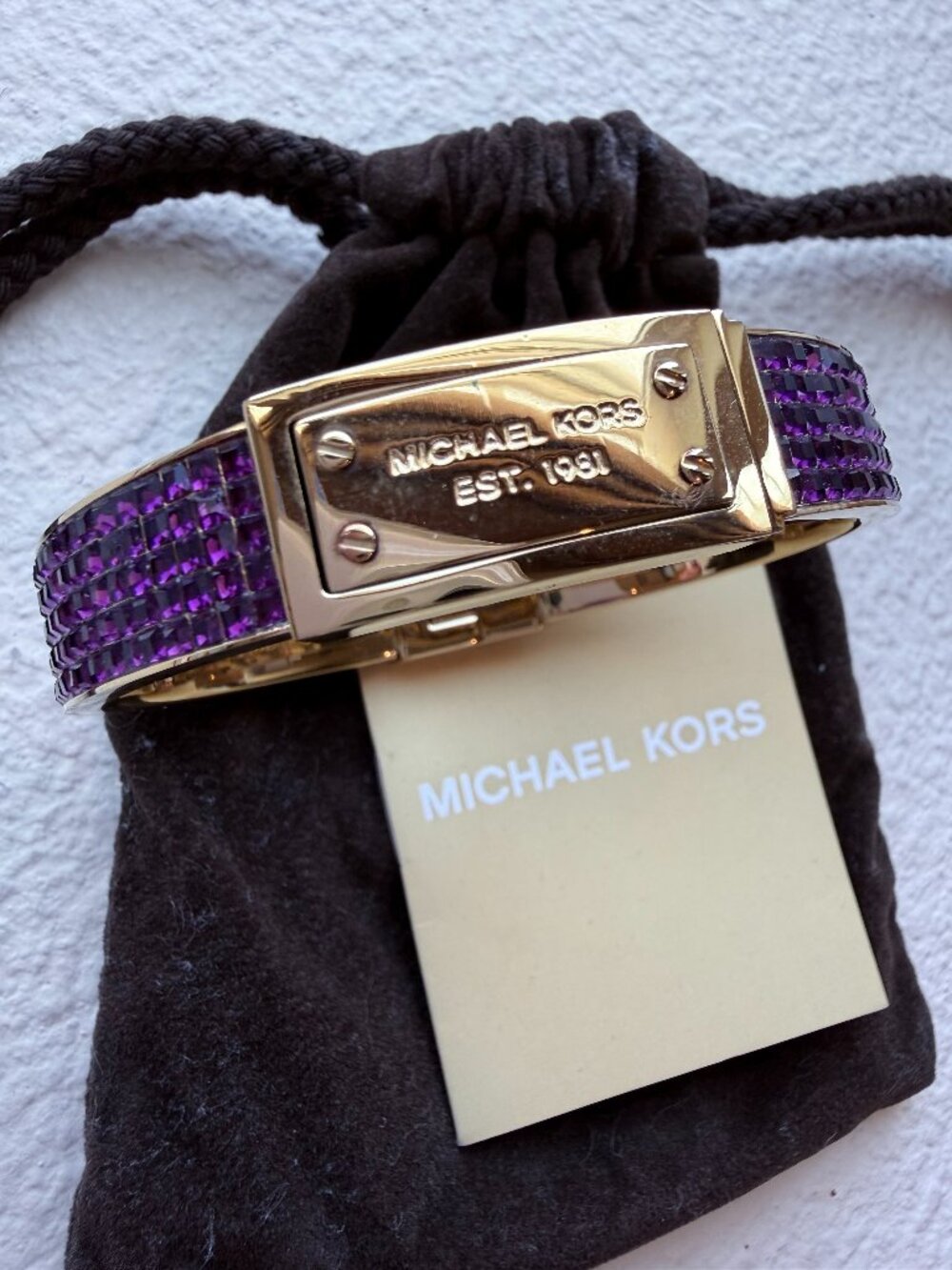 Michael Kors Gold Tone Purple Crystal Hinged Bangle Bracelet